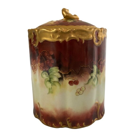 Hand Painted Porcelain Jar With Lid Featuring Berry Design & Gold Accents - Picture 3 of 9
